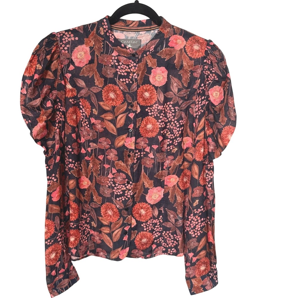 Cotelac Floral Puff Sleeve Wool Blend Button Front Blouse French Romantic Small